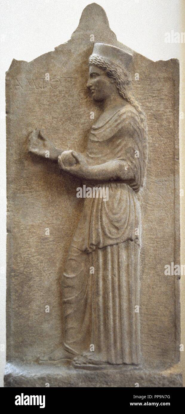 Greek Art. Classical Era. Grave stele of Amphotto, from Thebes, 440 B.C. Boetian limestone. The dead woman is depicted facing left and holding a flower in the right hand and a fruit in the left. National Archaeological Museum. Athens. Greece. Stock Photo