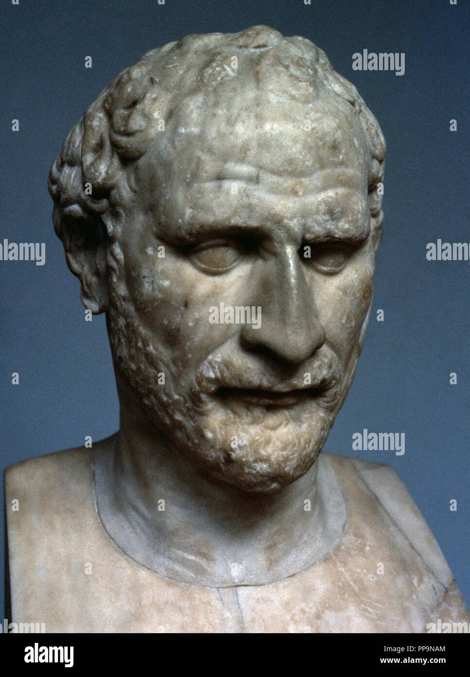 Demosthenes (384-322 BC). Political and Athenian orator. Bust. Roman copy of a Greek original by Polyeuktos, erected in the Agora of Athens in 280 BC. British Museum. London. England. Stock Photo
