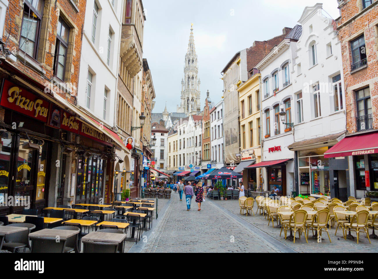 Restaurant terraces, Rue du Marche aux Fromages, old  town, Brussels, Belgium Stock Photo