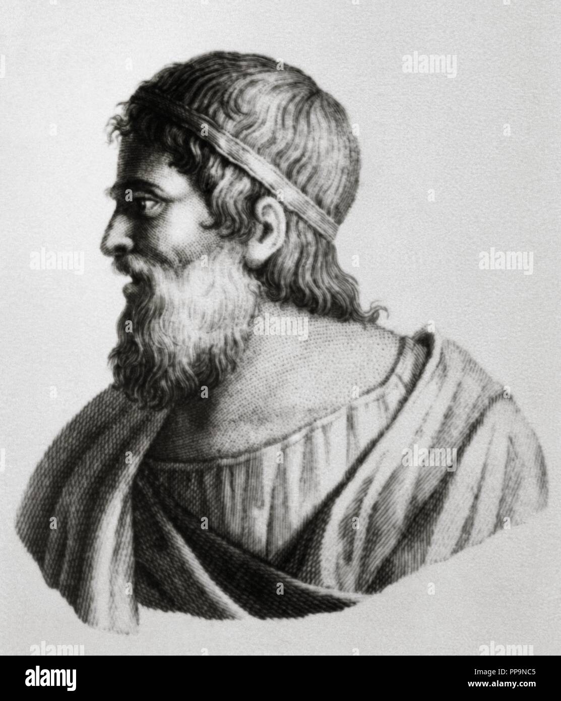Archimedes (Syracuse-Syracuse-287, -212). Greek mathematician, physicist, engineer, inventor, and astronomer. Portrait. Engraving. Stock Photo