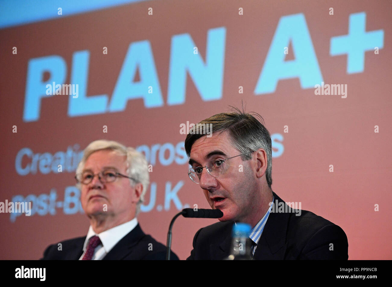 David Davis MP (left) and Jacob Rees-Mogg MP at the launch of the Institute of Economic Affairs latest Brexit research paper, in central London. Stock Photo