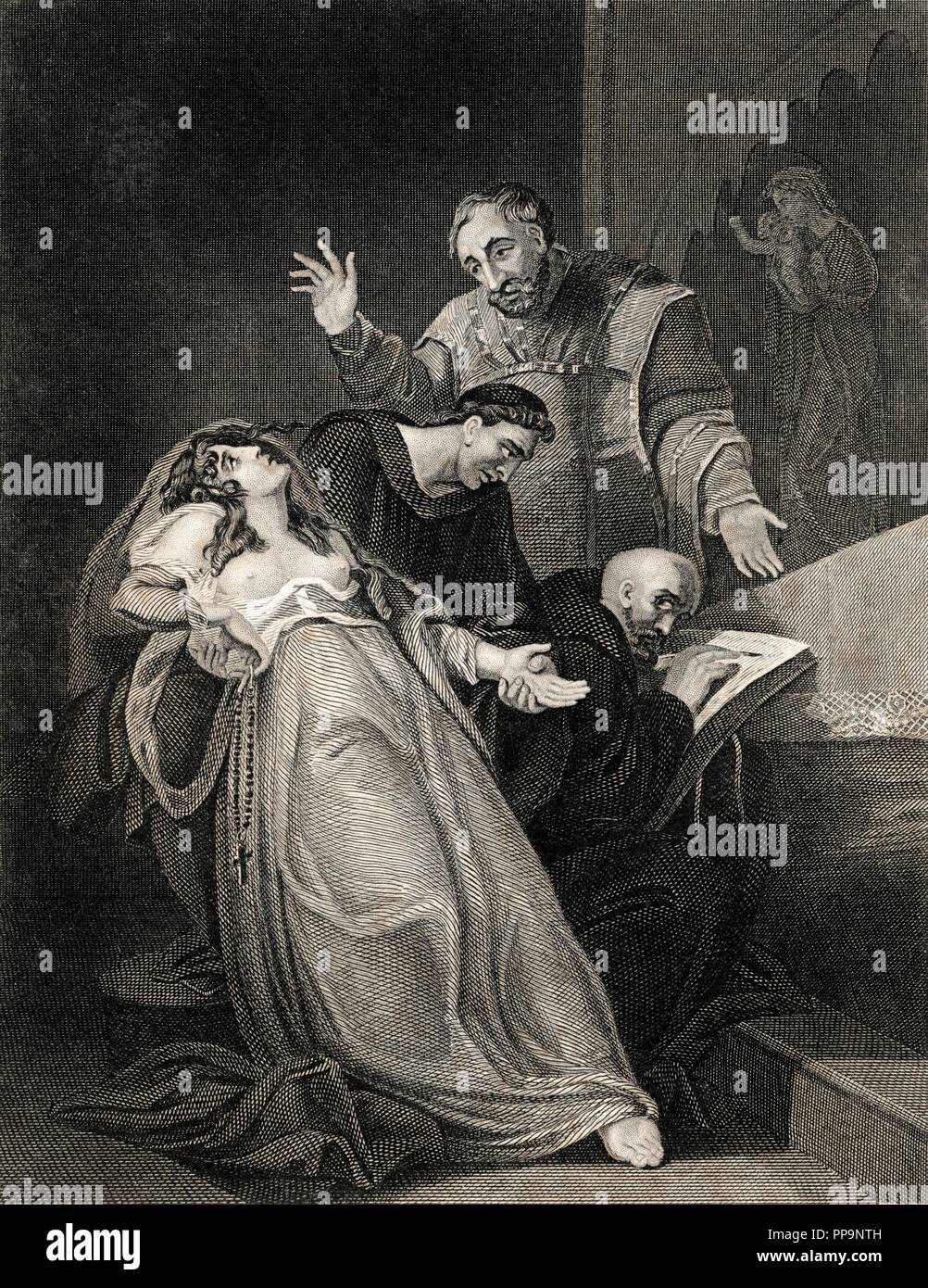 Inglaterra. La monja católica Elizabeth Barton (1506-1534), conocida como la doncella de Kent,  ejecutada por sus profecías contra el matrimonio del rey Enrique VIII y Ana Bolena. Grabado de 1864. Stock Photo
