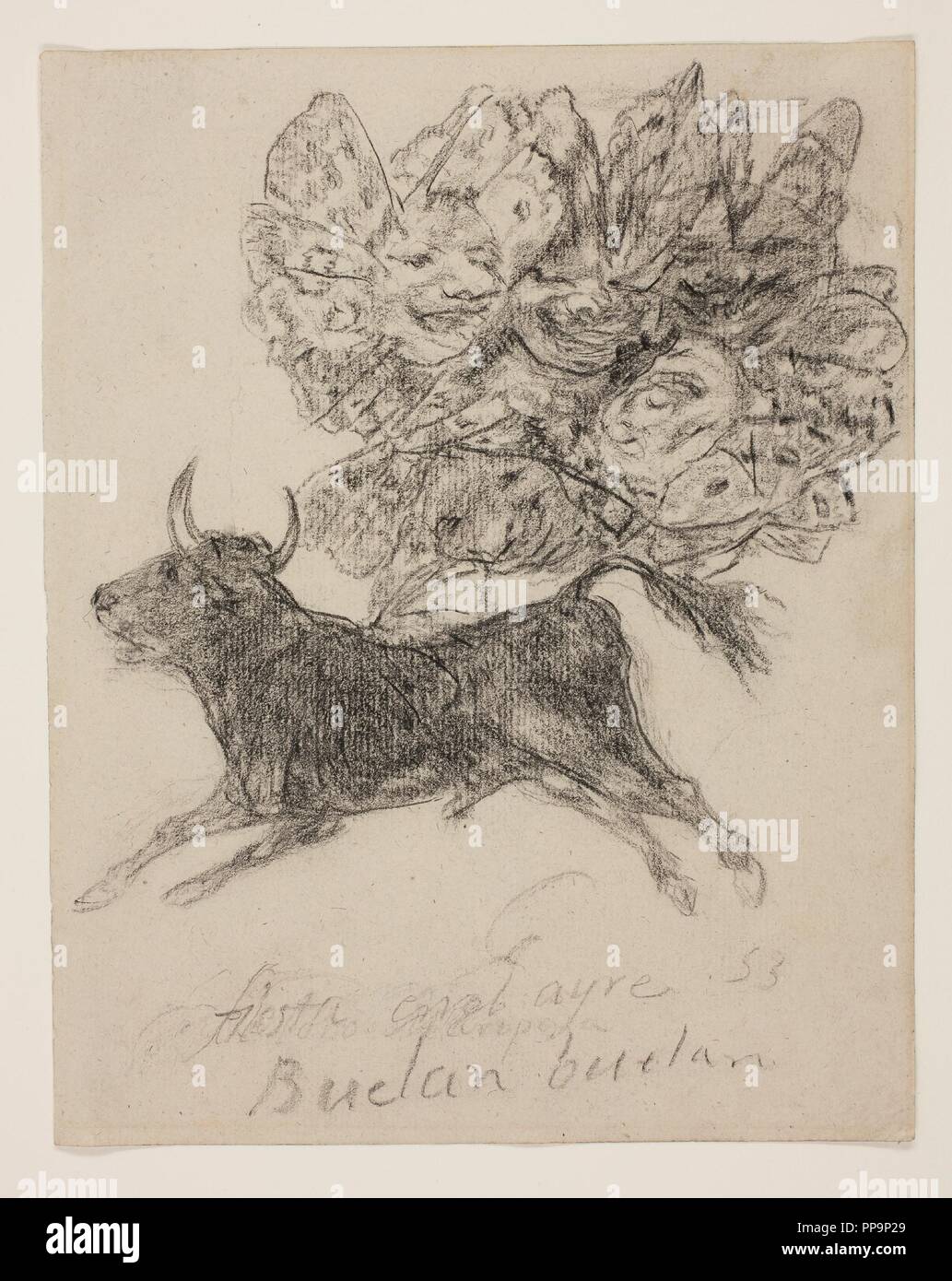 Francisco de Goya y Lucientes / 'The butterfly bull. Fiesta in the air. They fly and fly. (Album G, 53)'. 1825 - 1828. Black chalk, Lithographic crayon on grey laid paper. Museum: Museo del Prado, Madrid, España. Stock Photo