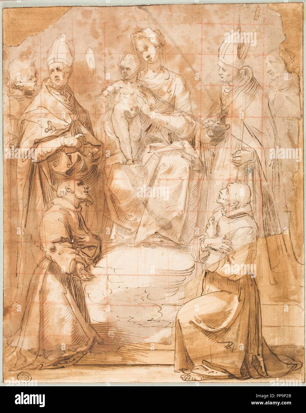 Moncalvo / 'Madonna and Child with six saints'. XVI century. Wash, Pencil, Pencil ground, Red chalk, Grey-brown ink on yellow paper. Museum: Museo del Prado, Madrid, España. Stock Photo