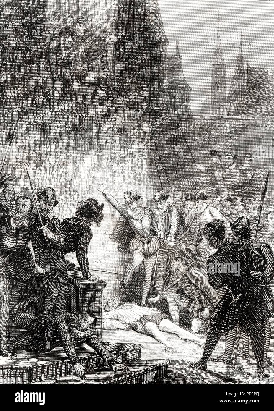 Gaspard II de Coligny (1519-1572), noble político francés líder de los Hugonotes protestantes, asesinado y defenestrado, hecho que desencadenó la masacre de hugonotes franceses conocido como la Matanza de San Bartolomé en agosto de 1572. Grabado de 1864. Stock Photo