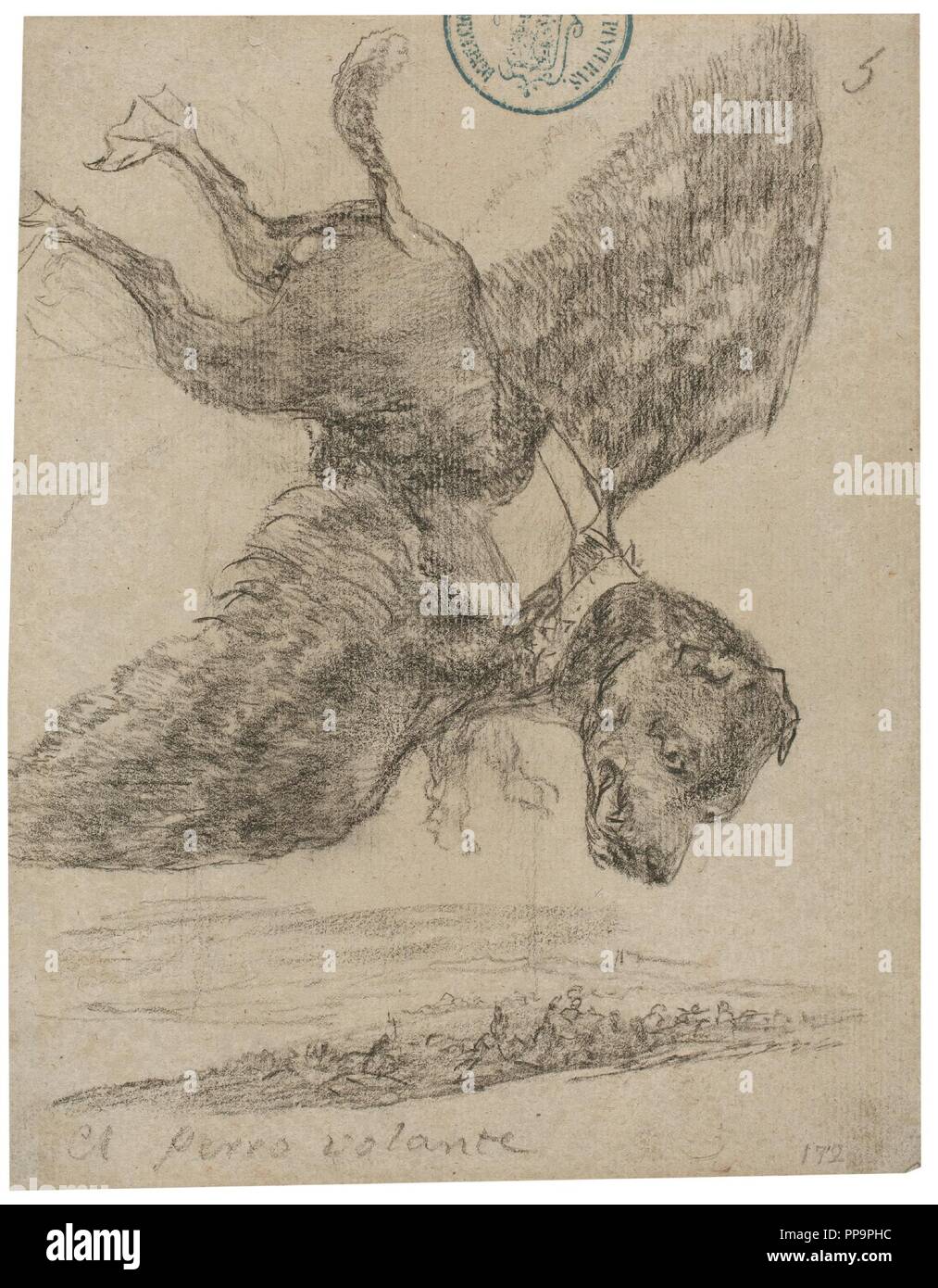 Francisco de Goya y Lucientes / 'The flying dog ( Album G, 5)'. 1824 - 1828. Pencil, Lithographic crayon on grey laid paper. Museum: Museo del Prado, Madrid, España. Stock Photo