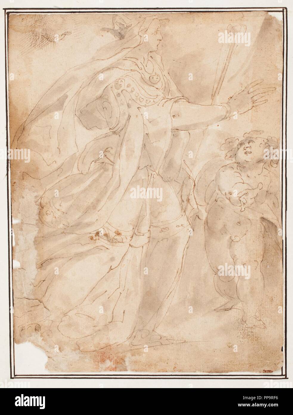 Denys Calvaert / 'Woman wearing robes and a crown, carrying a scepter, accompanied by a child / Study for a composition of ?Noli me tangere?'. XVI century. Wash, Pencil, Grey ink, Grey-brown ink on yellow laid paper. Museum: Museo del Prado, Madrid, España. Stock Photo