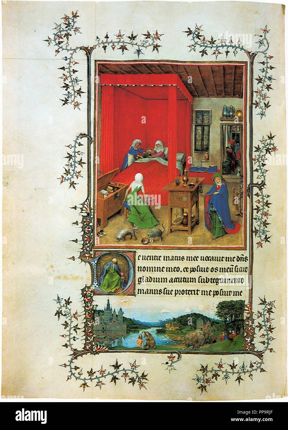 The Birth of John the Baptist (from the Turin-Milan Hours). Museum: Museo Civico d' Arte Antica, Turin. Author: Master of the Turin-Milan Hours. Stock Photo