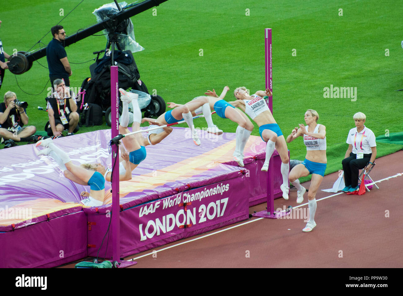 Time lapse of a female high jumper (Linda Sandblom) at the London 2017 World Athletics Championship Stock Photo
