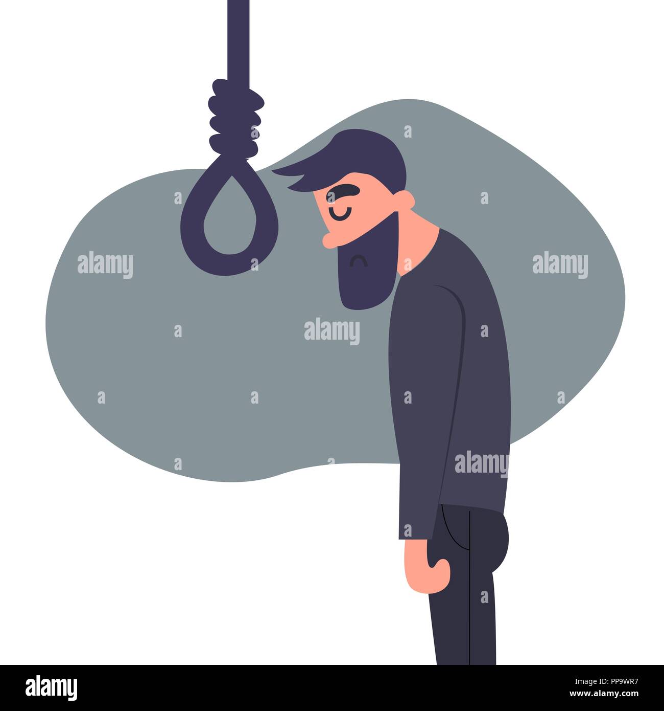 Cartoon flat despairing man wants to hang himself. Depressed young man wants to commit suicide. Mental anxiety concept Stock Vector