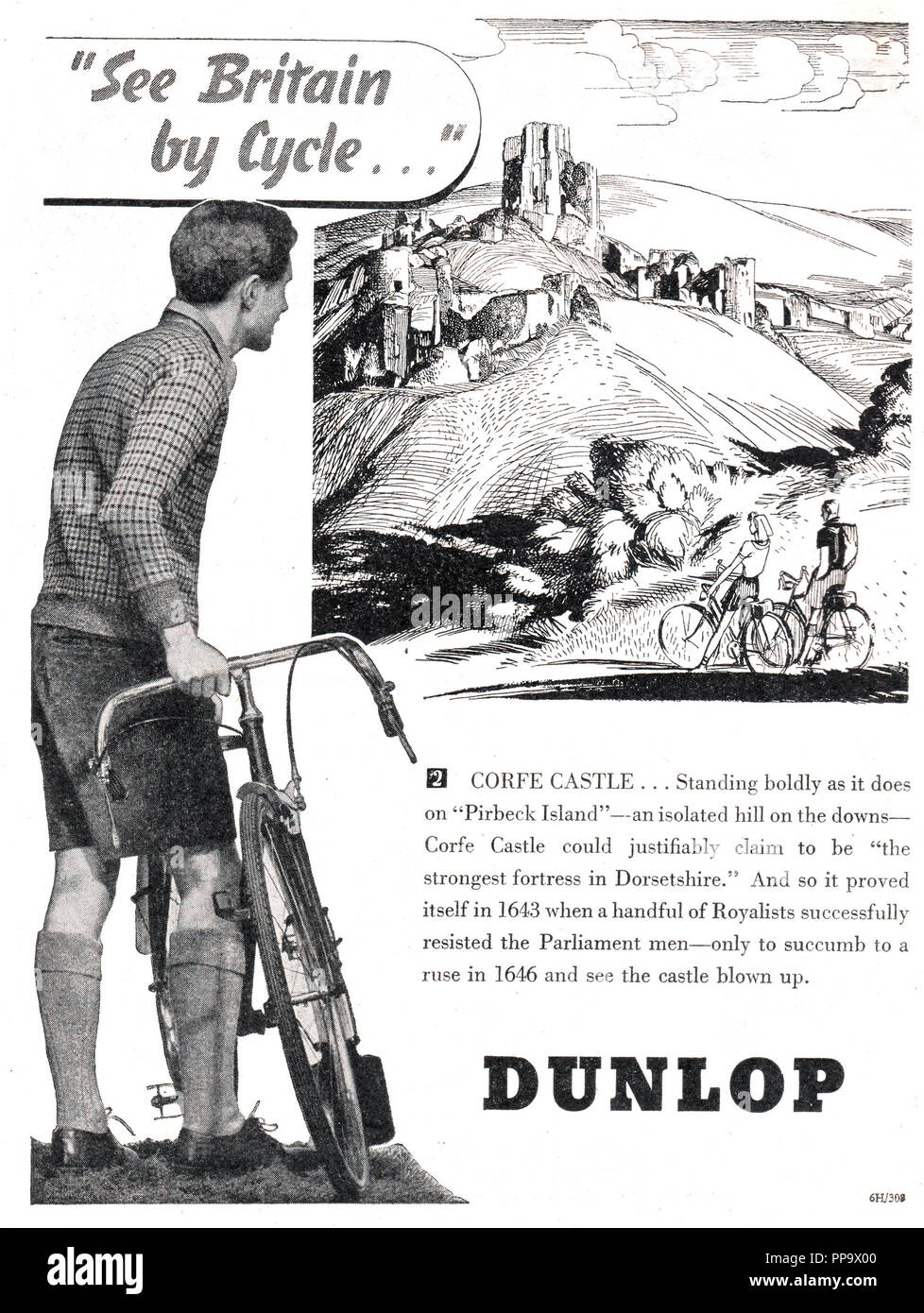 Vintage Dunlop magazine advertisement 'See Britain by cycle' dated to October 1946. It shows an illustration of Corfe castle in Dorset with a brief history of the castle Stock Photo