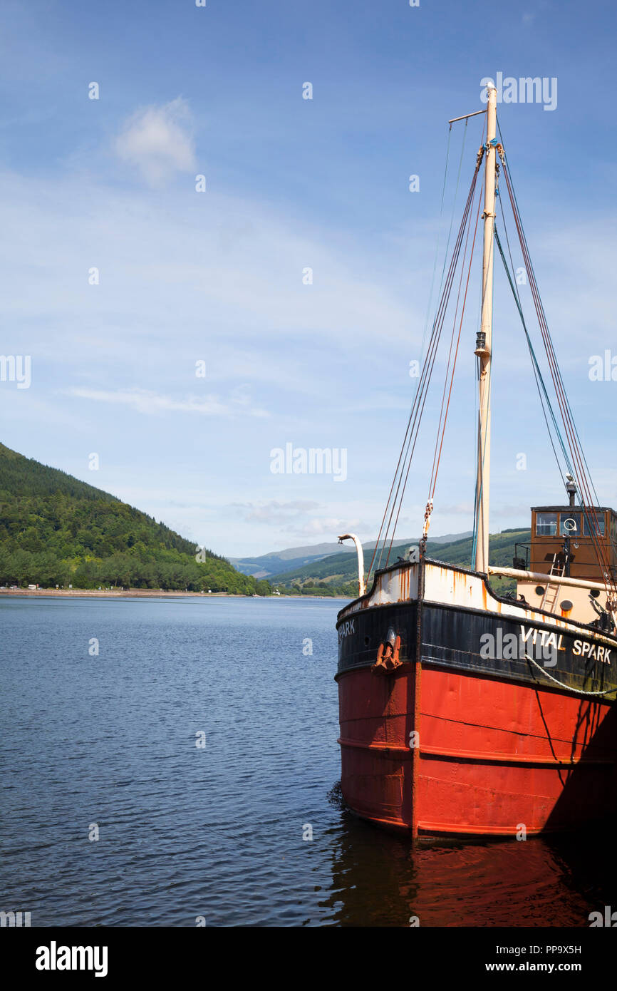 The puffer boat 'the Vital Spark' moored at Inveraray pier, Loch Fyne, Argyll, Scotland. Named after the boat in Neill Munro's books of Para Handy. Stock Photo