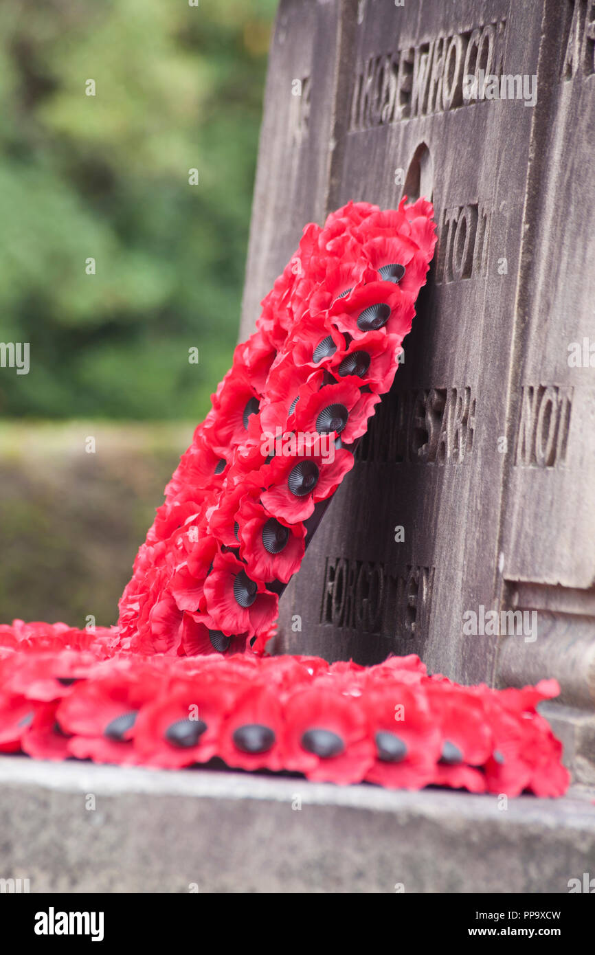 Poppy wreath at Helensburgh war memorial, Argyll, Scotland. Stock Photo
