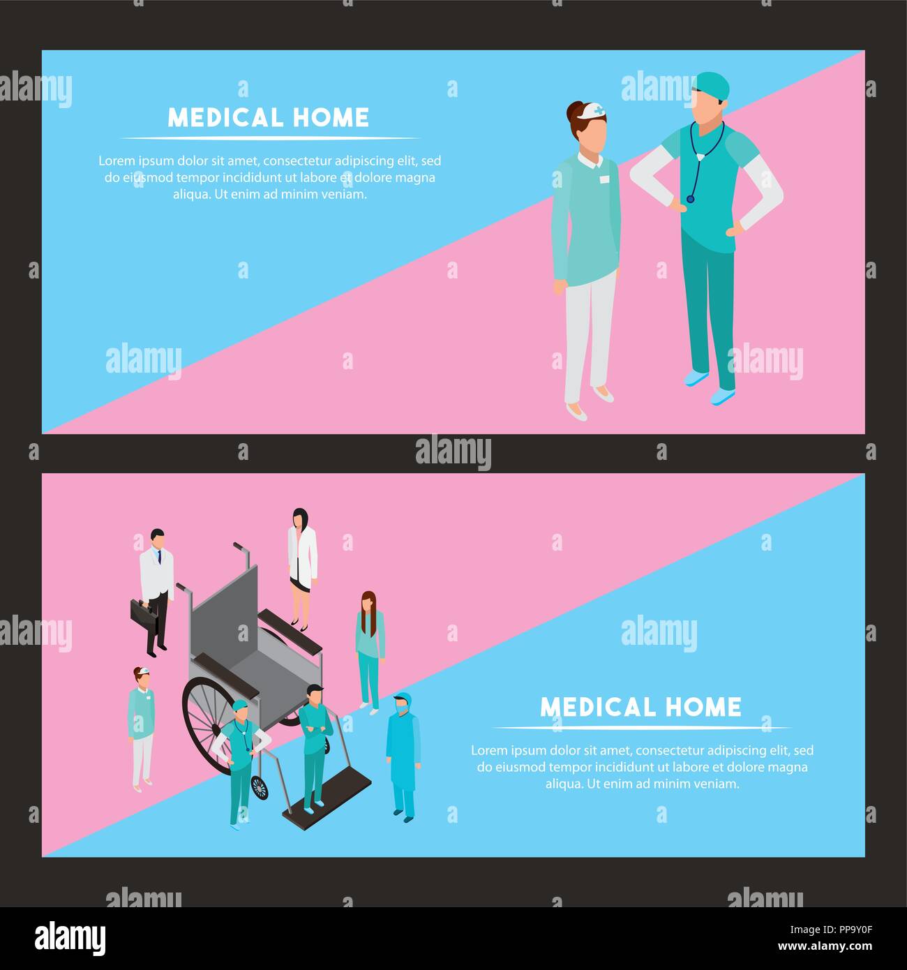 Medical Health Banner Wheelchair And Doctor Nurse Talking Vector