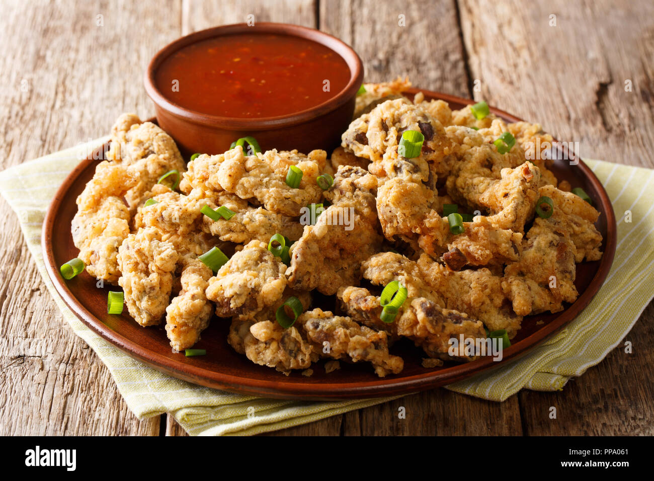 Spicy crispy fried chicken gizzards served with green onions and spicy