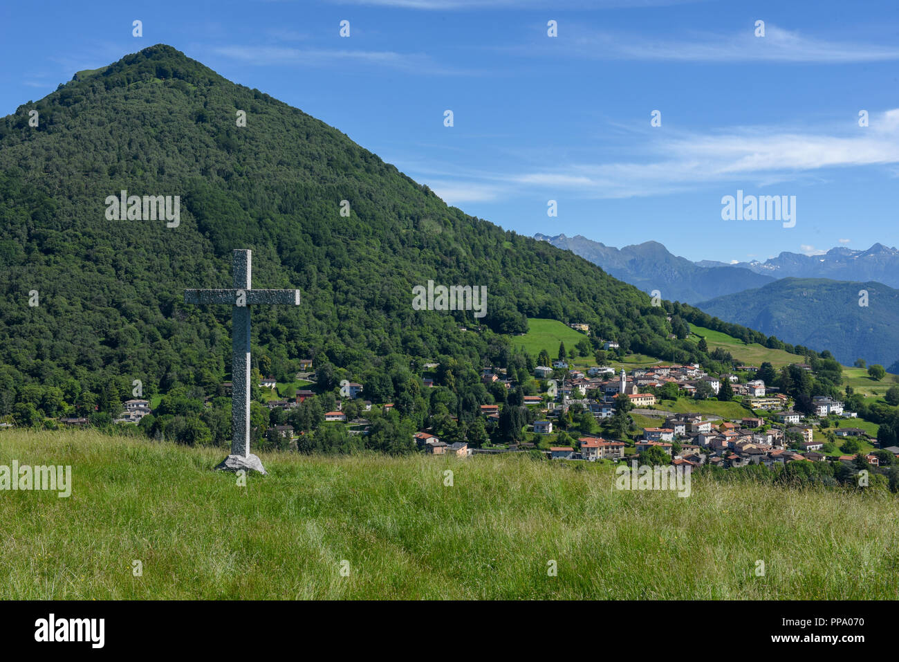 Landscape at the village of Arosio in Malcantone valley on the Swiss alps Stock Photo