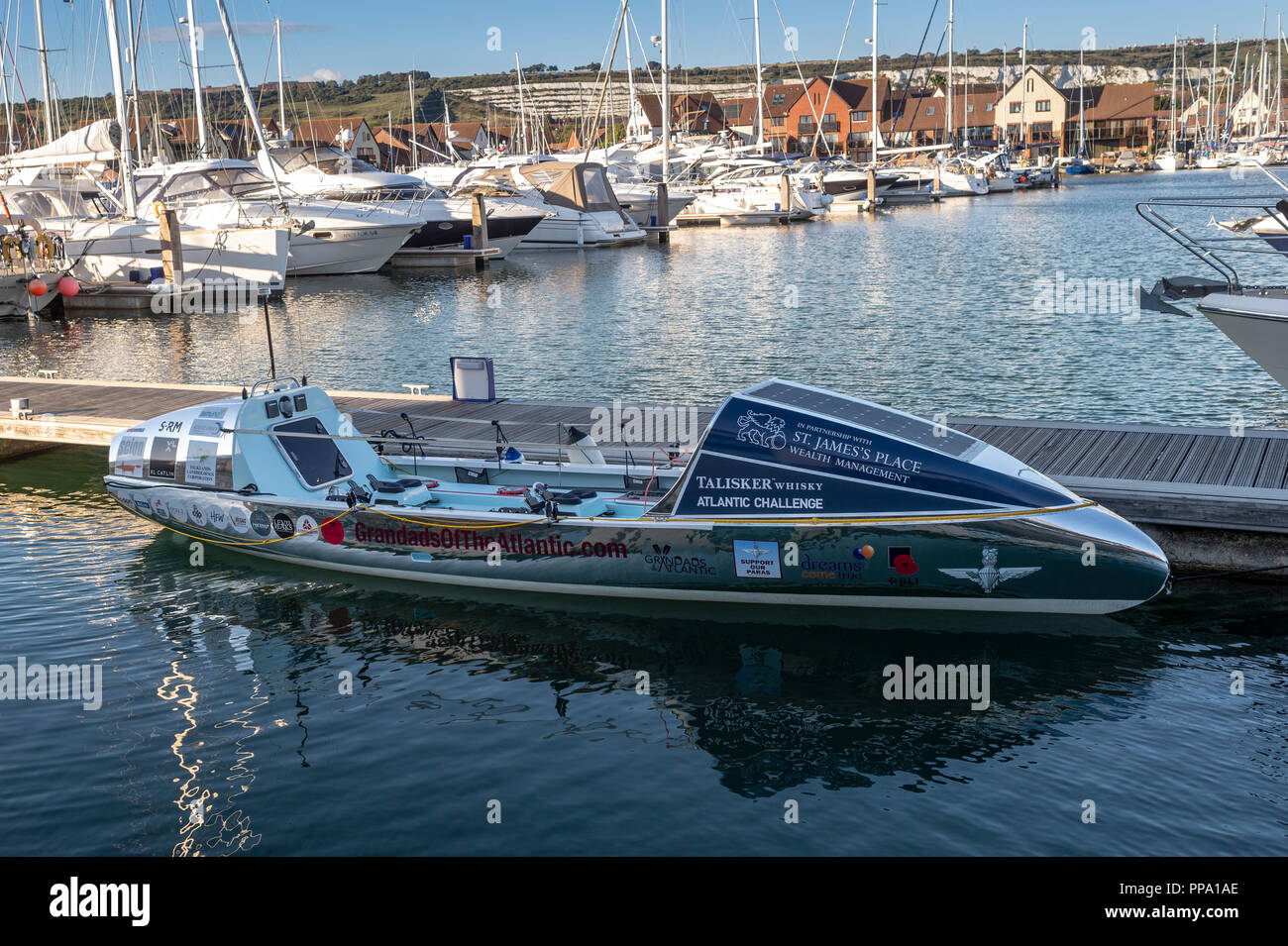 Grandads of the Atlantic, rowing boat designed to cross the Atlantic ocean for charity, moored in Port Solent Marina, Hampshire, UK. Stock Photo