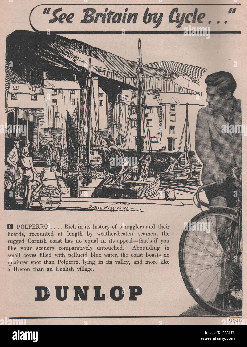 Vintage Dunlop magazine advertisement 'See Britain by cycle' dated to November 1946. It shows an illustration of Polperro in Cornwall with a brief romanticised description of the town. Stock Photo
