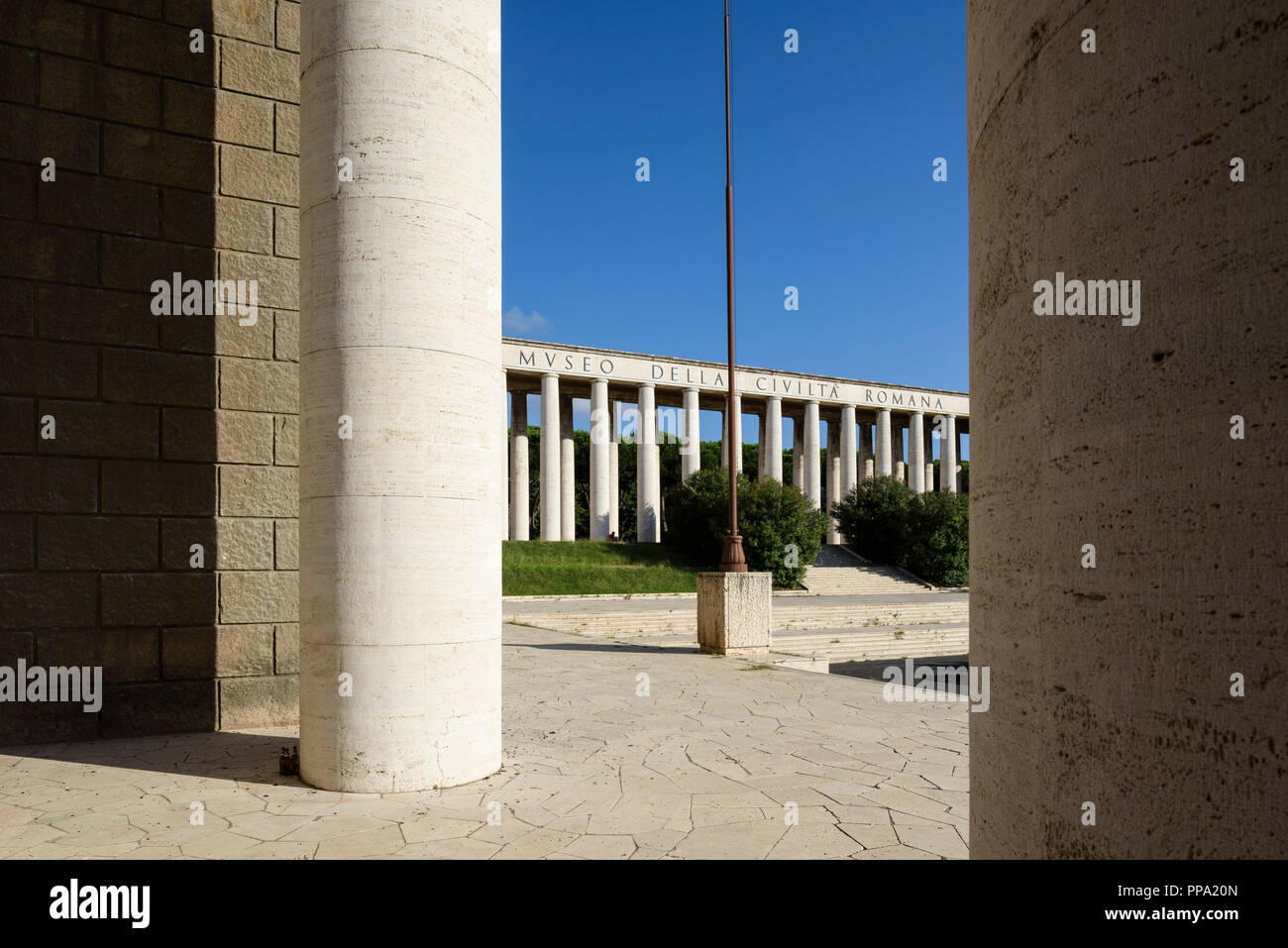 Rome. Italy. Museo della Civiltà Romana, Piazza Giovanni Agnelli, EUR. Museum of Roman Civilization. Exterior Colonnade.  Designed by the architects P Stock Photo