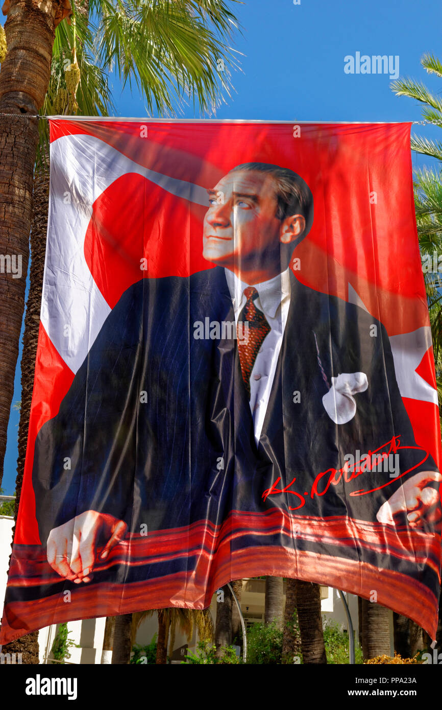Banner depicting Mustafa Kemal Ataturk, the founder of modern day Turkey. Stock Photo