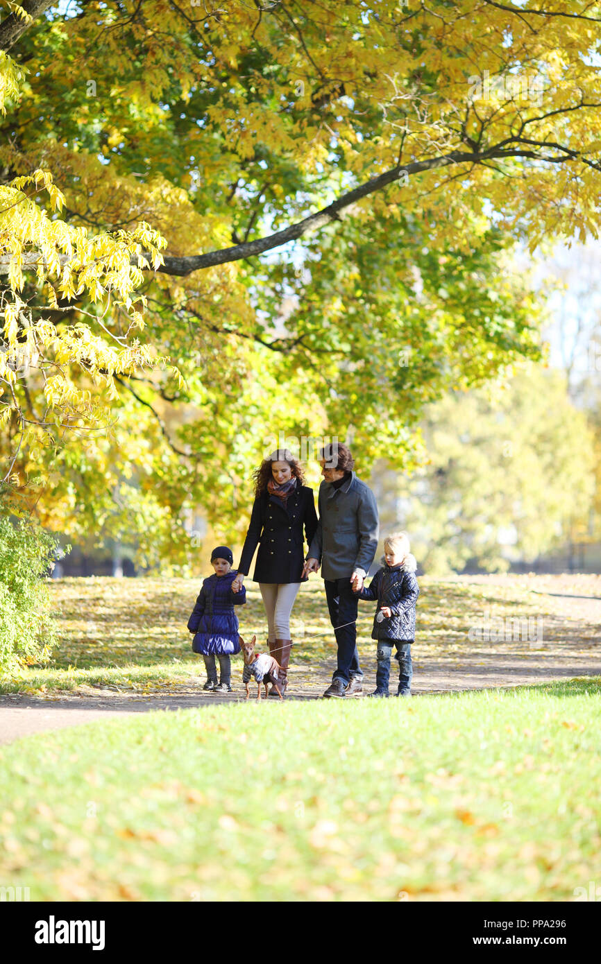 Happy family with two children walking in sunny autumn park holding ...