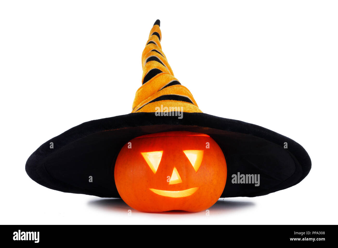 Jack O Lantern Halloween pumpkin with witches hat isolated on white ...