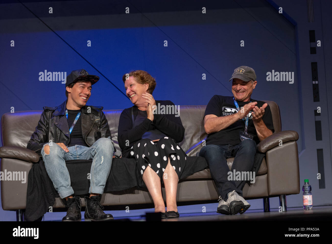 FUERTH, Germany - September 22nd 2018: Florian Clyde, Susanna Bonaséwicz and Hans-Georg Panczak at Noris Force Con 5, a three day star wars fan conven Stock Photo