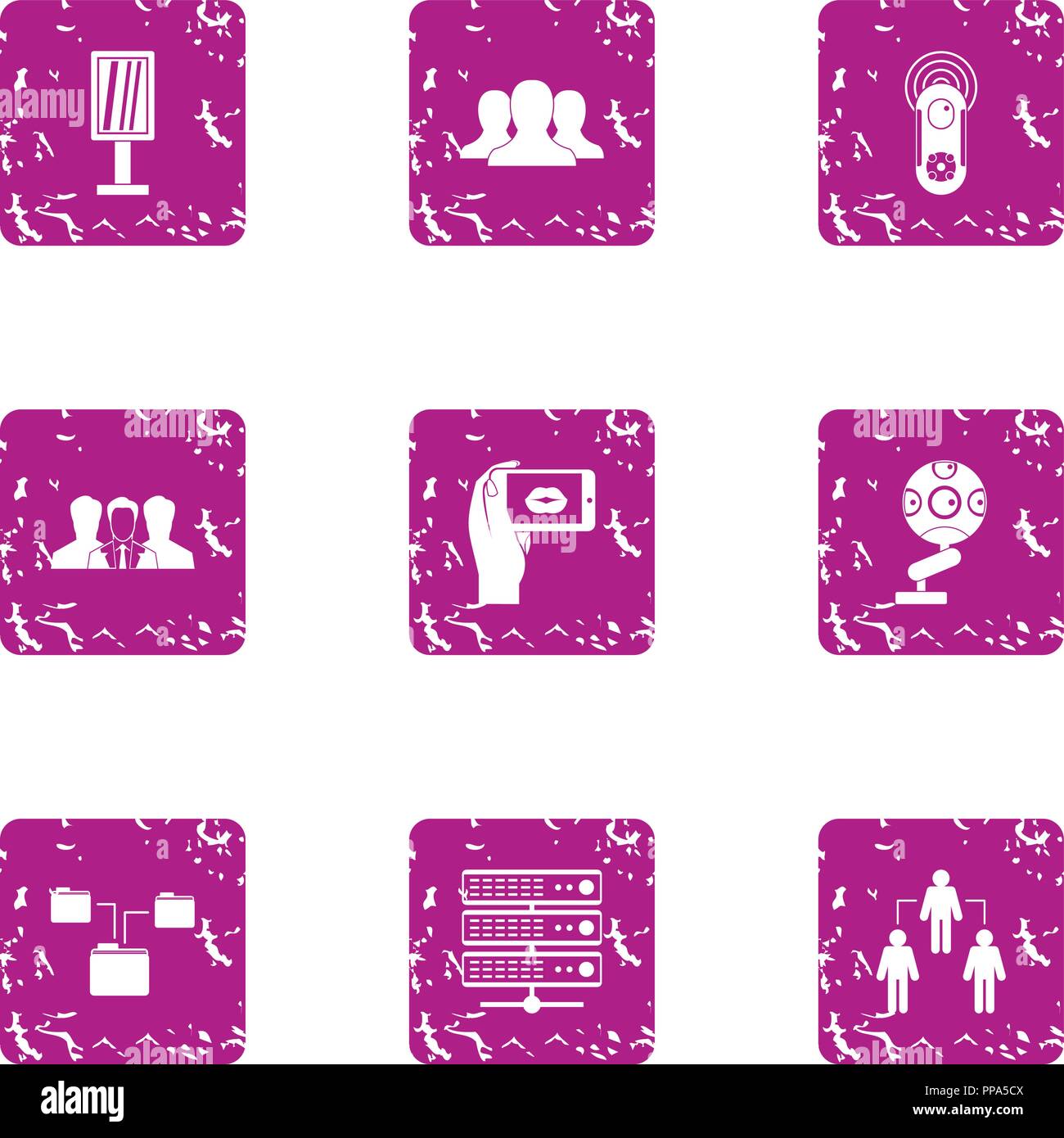 Data interaction icons set, grunge style Stock Vector