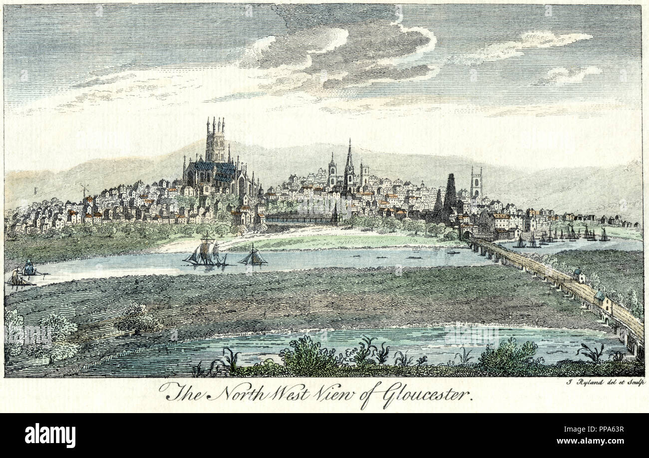A hand coloured print of The North West View of Gloucester UK 1764 by J Ryland - Copperplate engraving. Believed copyright free. Stock Photo