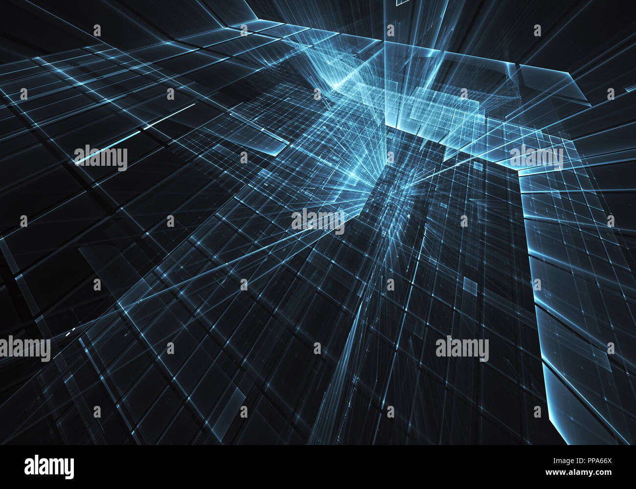 Abstract 3D fractal background, texture. Virtual Neon City Stock Photo