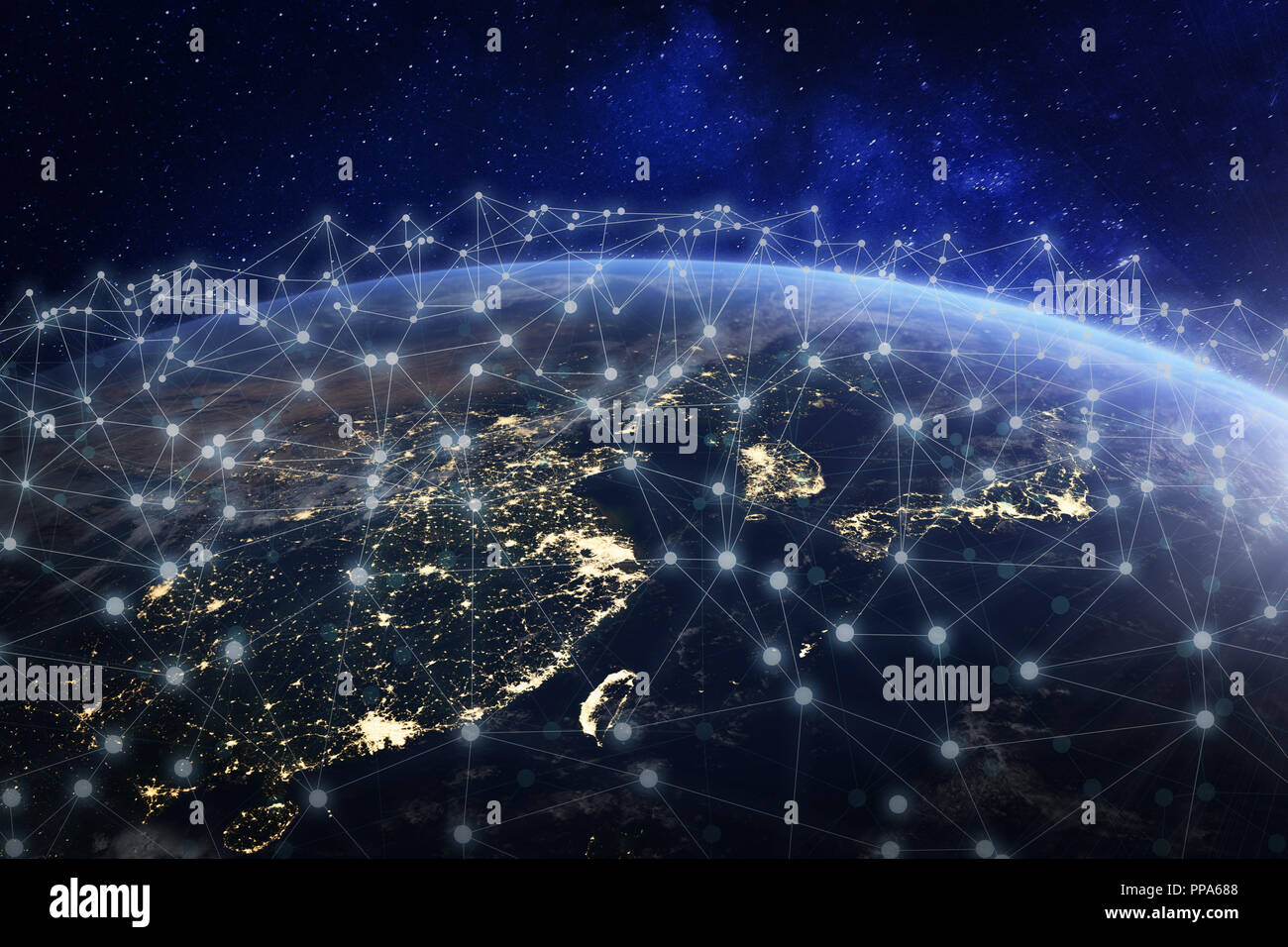Asian telecommunication network connected over Asia, China, Japan, Korea, Hong Kong, concept about internet and global communication technology for fi Stock Photo