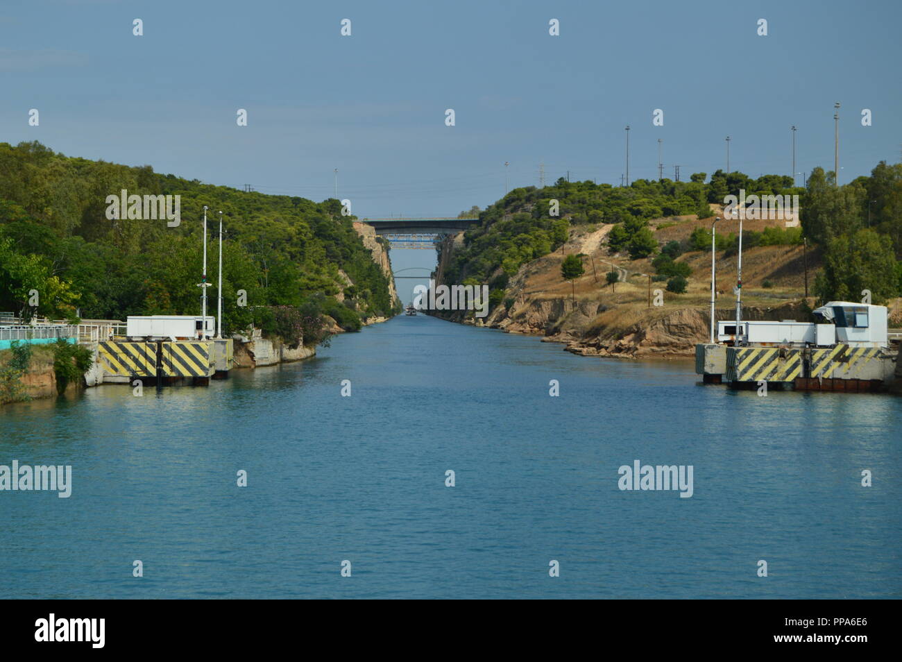 Entrance To The Corinth Canal. Architecture, Travel, Landscape. July 8, 2018. Corinth Canal Peloponnesus Greece. Stock Photo