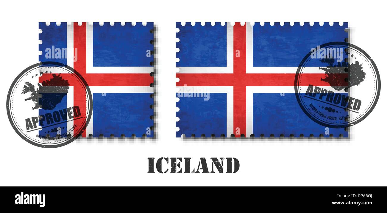 Iceland flag pattern postage stamp with grunge old scratch texture and affix a seal on isolated background . Black color country name with abrasion .  Stock Vector