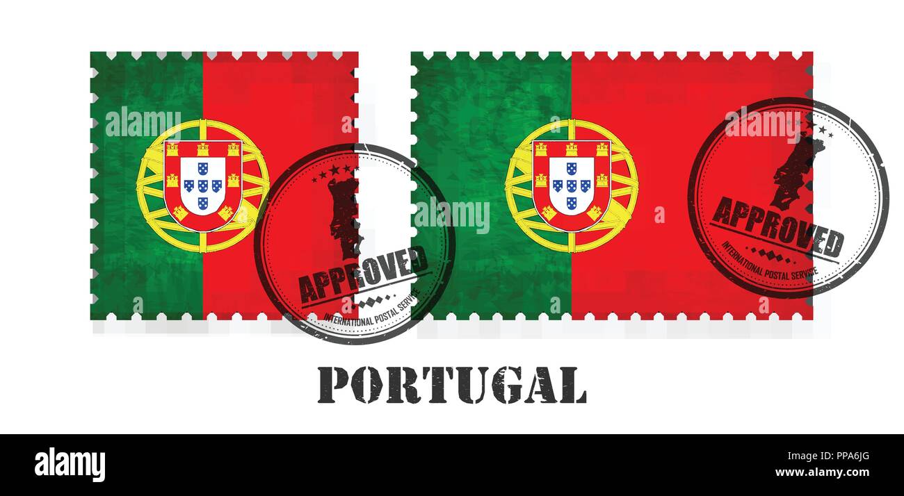 Portugal or portuguese flag pattern postage stamp with grunge old scratch texture and affix a seal on isolated background . Black color country name w Stock Vector