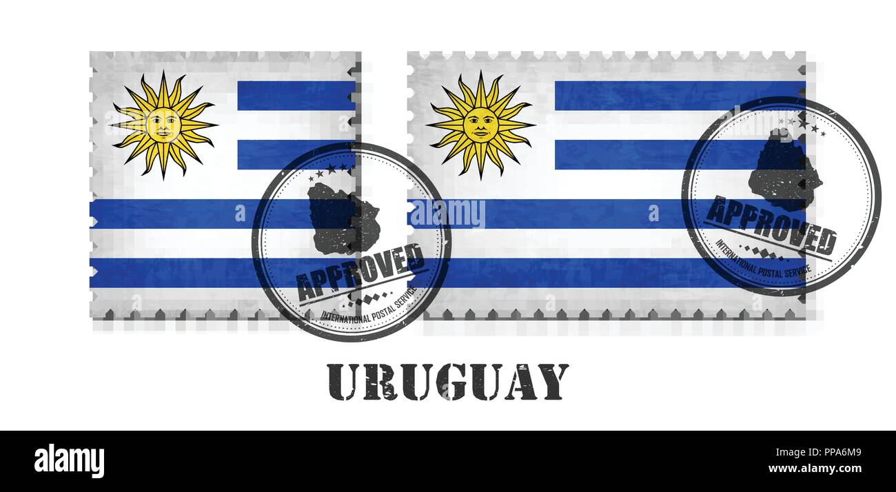 Uruguayan or uruguay flag pattern postage stamp with grunge old scratch texture and affix a seal on isolated background . Black color country name wit Stock Vector