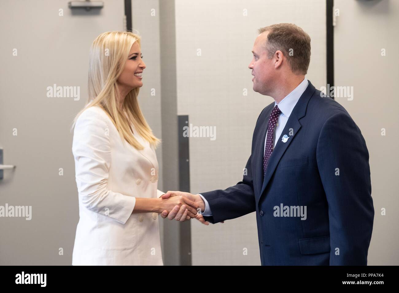 Ivanka Trump, daughter of President Donald Trump, left, is welcomed by NASA Administrator Jim Bridenstine after arriving for a tour of the Johnson Space Center September 20, 2018 in Houston, Texas. Stock Photo