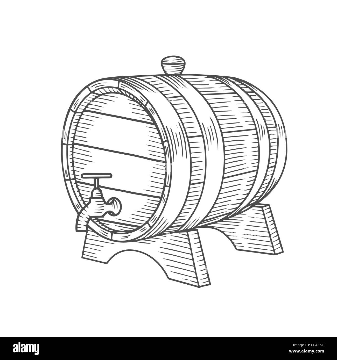 Hand drawn barrel illustration in engraving style. Vintage whiskey, wine or beer barrel isolated on white background. Stock Vector