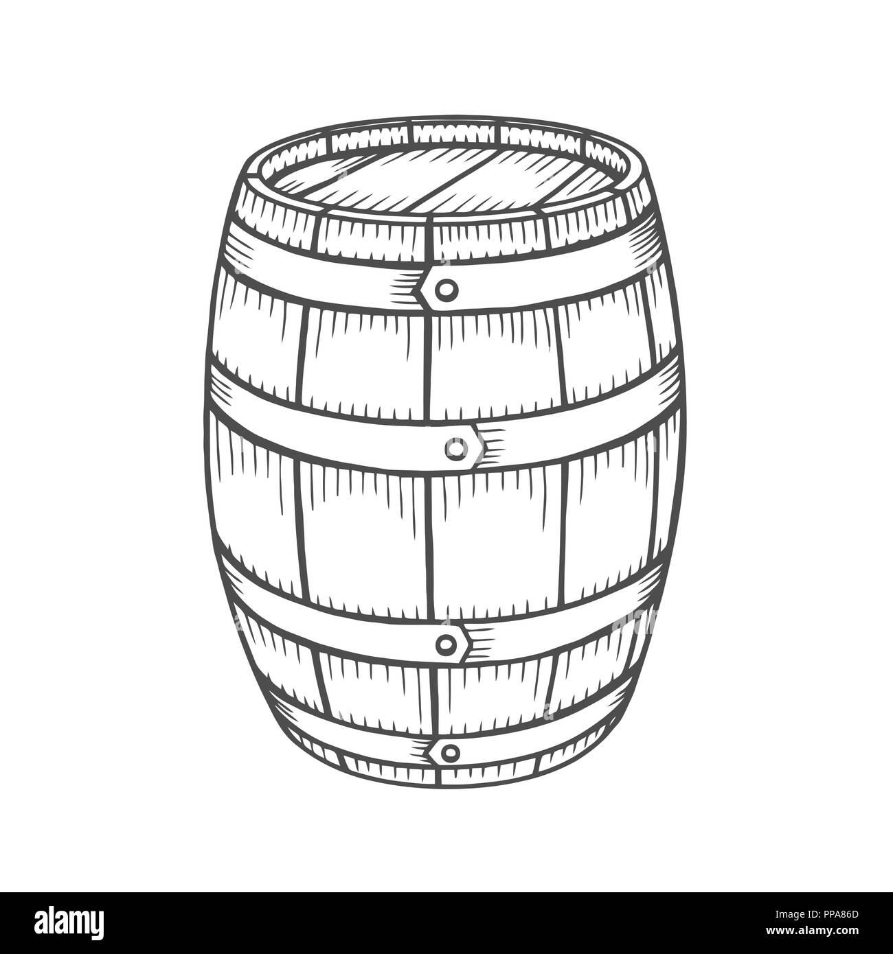 Hand drawn barrel illustration in engraving style. Vintage whiskey