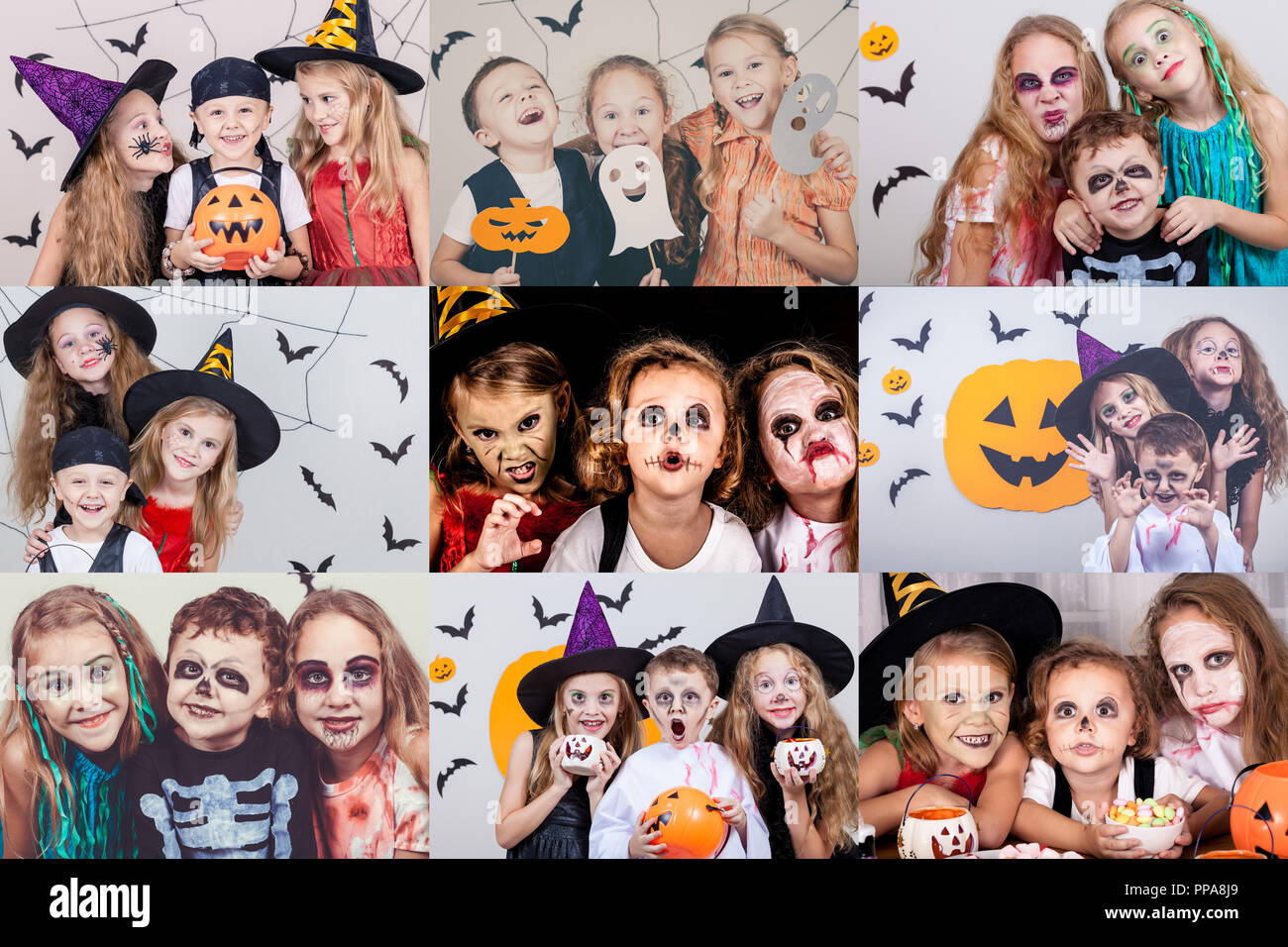 Collage of happy children. Concept of kids on  Halloween party. Stock Photo