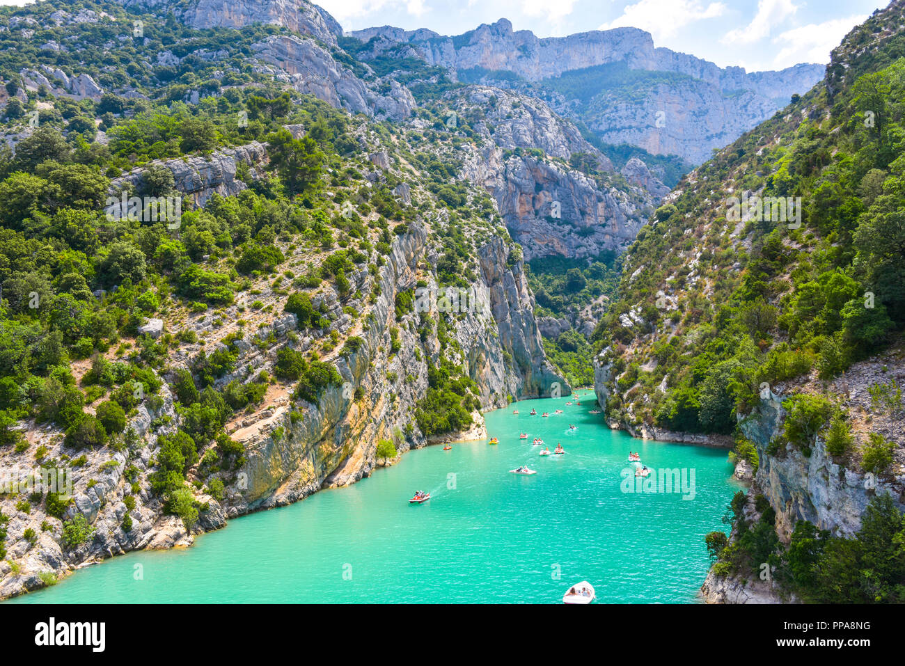 entrance to the Verdon Gorge with cliffy rocks at lake of Sainte-Croix, Provence, France, near Moustiers-Sainte-Marie Stock Photo