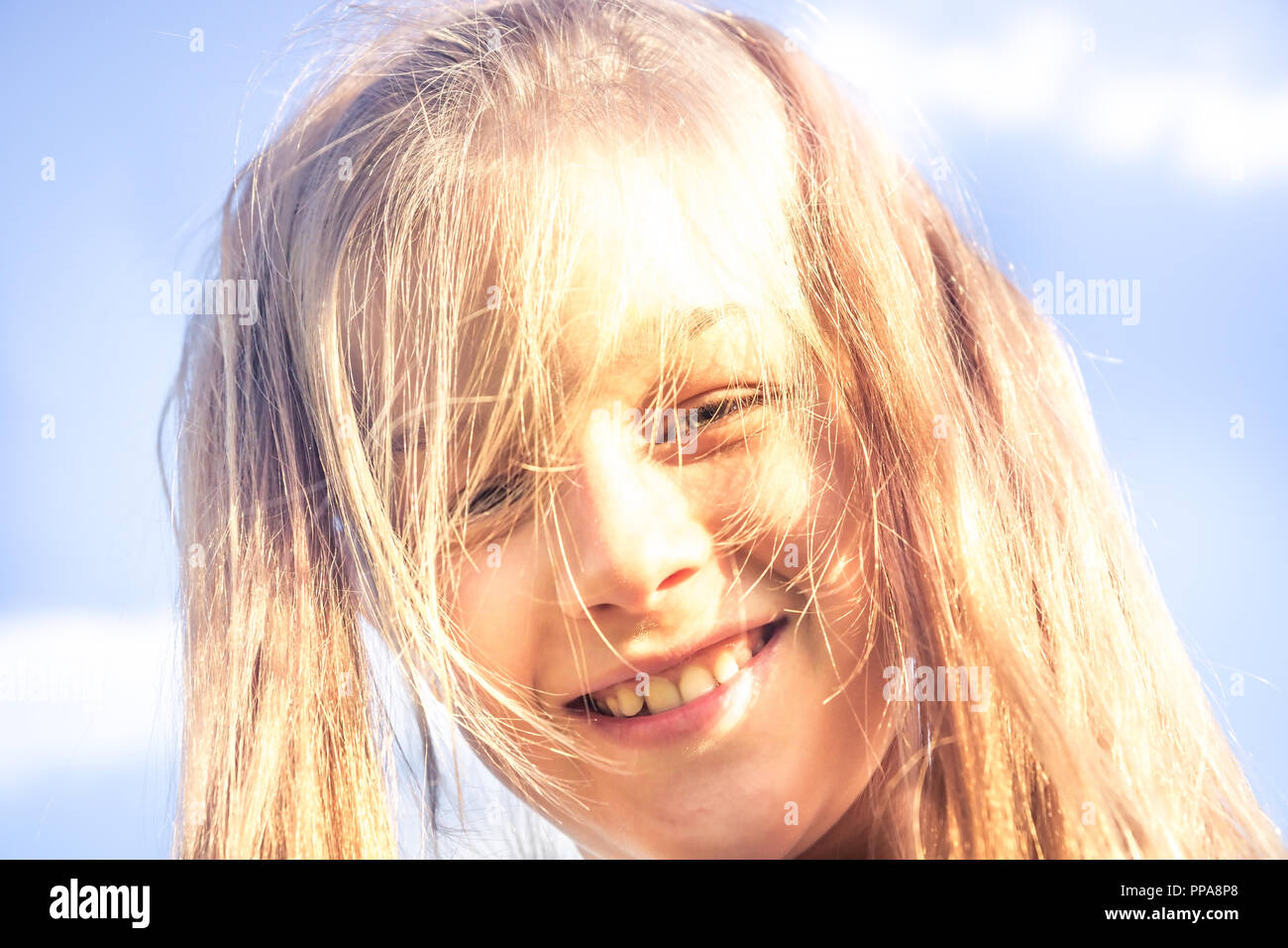 Cute Smiling Beautiful Kid Girl Sunny Portrait With Hair Cut