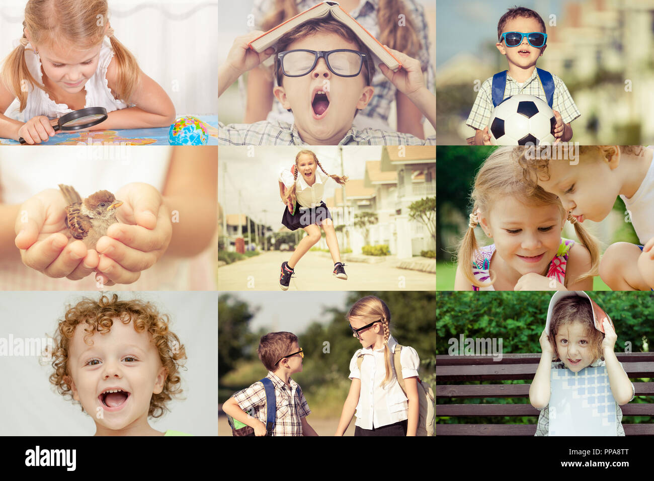 Collage of happy children playing outdoors at the day time. Concept of science and education. Stock Photo