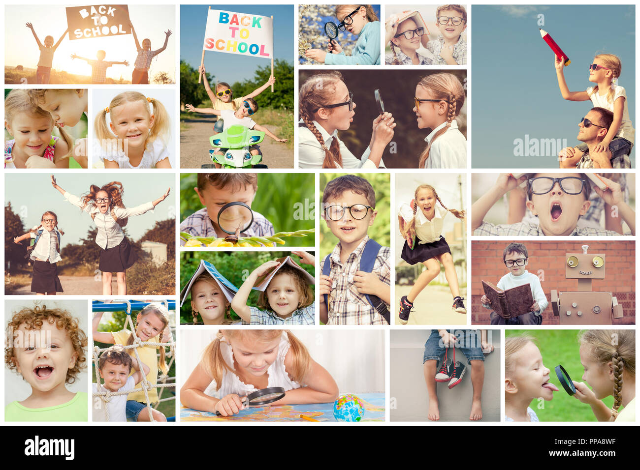 Collage of happy children playing outdoors at the day time. Concept of science and education. Stock Photo