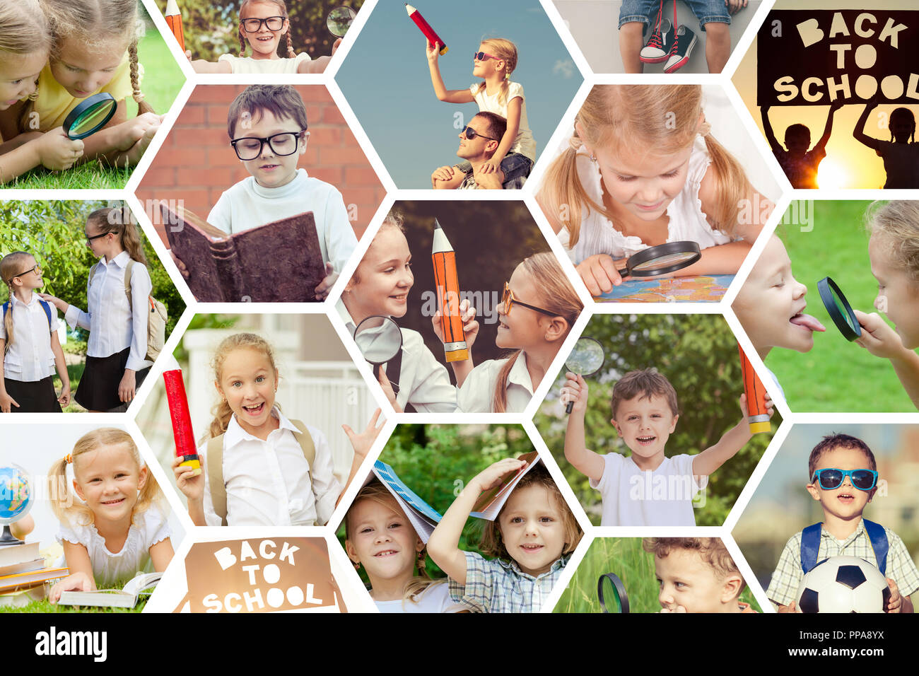 Collage of happy children playing outdoors at the day time. Concept of science and education. Stock Photo