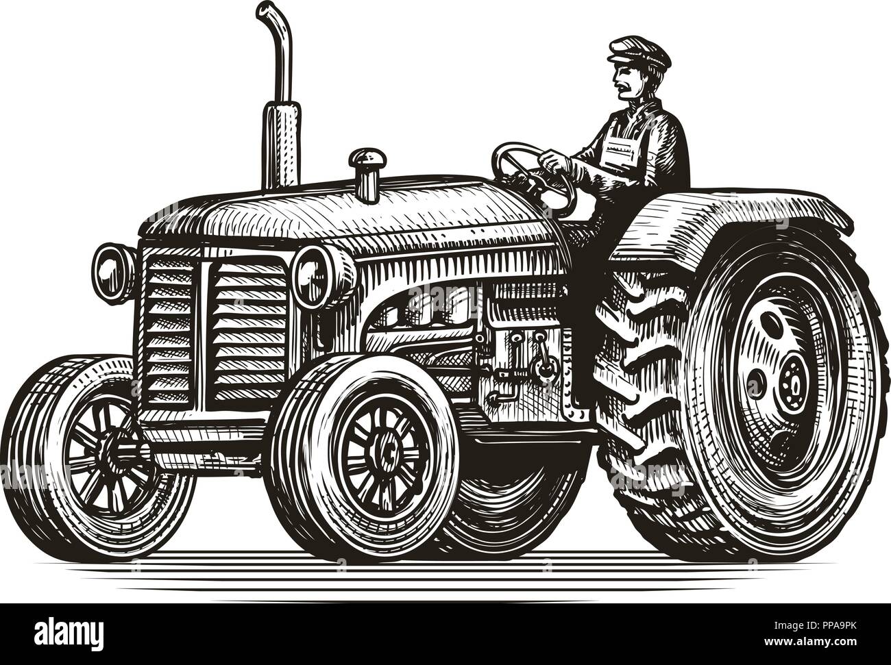 Retro farm tractor, sketch. Vintage vector illustration Stock Vector