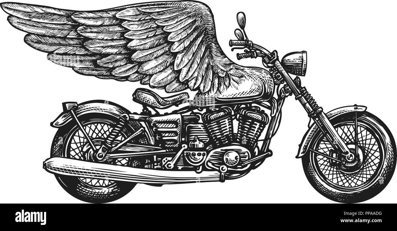 Motorcycle and wings, sketch. Vintage vector illustration Stock Vector