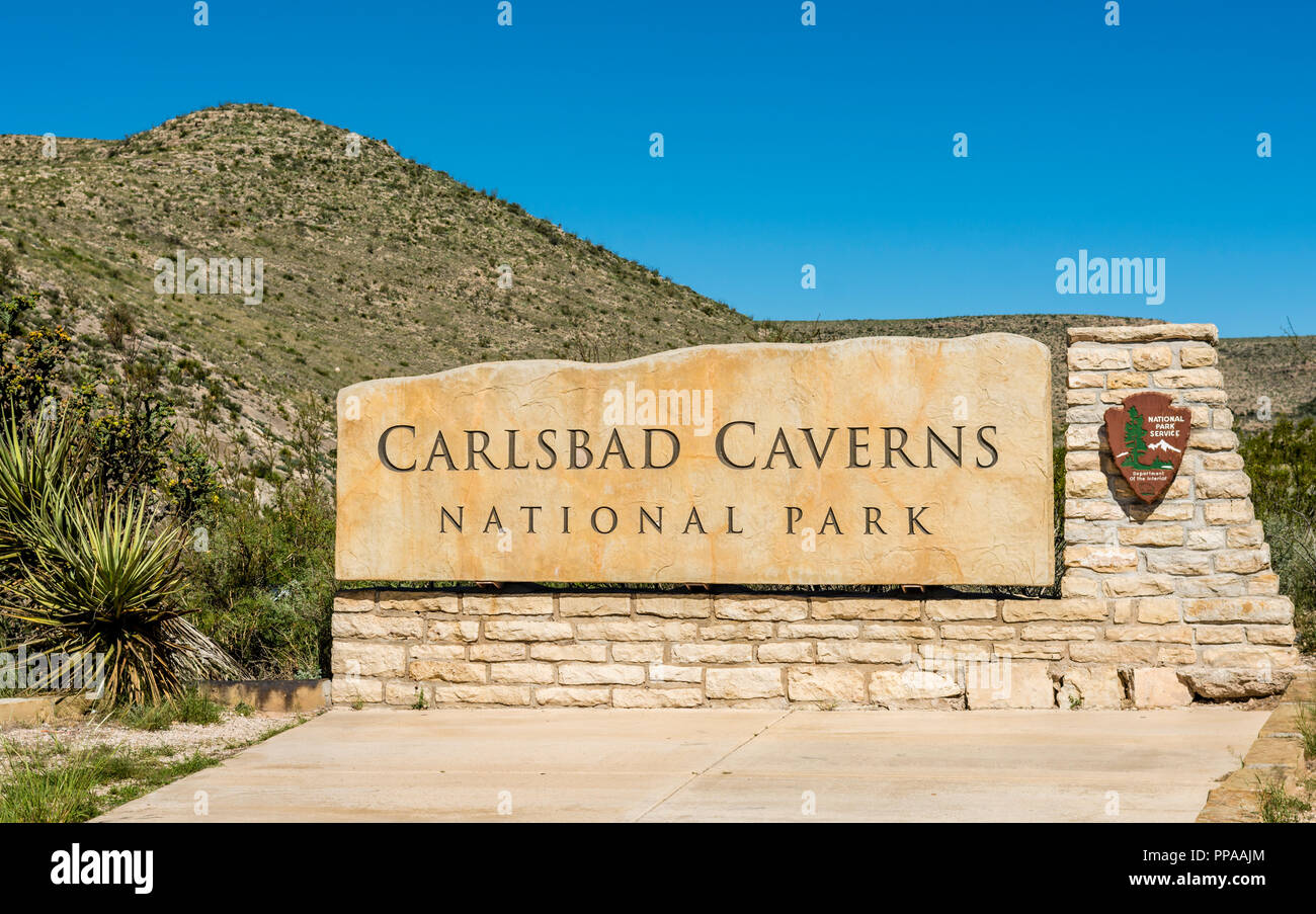 Carlsbad Caverns National Park entrance sign, New Mexico USA. Stock Photo