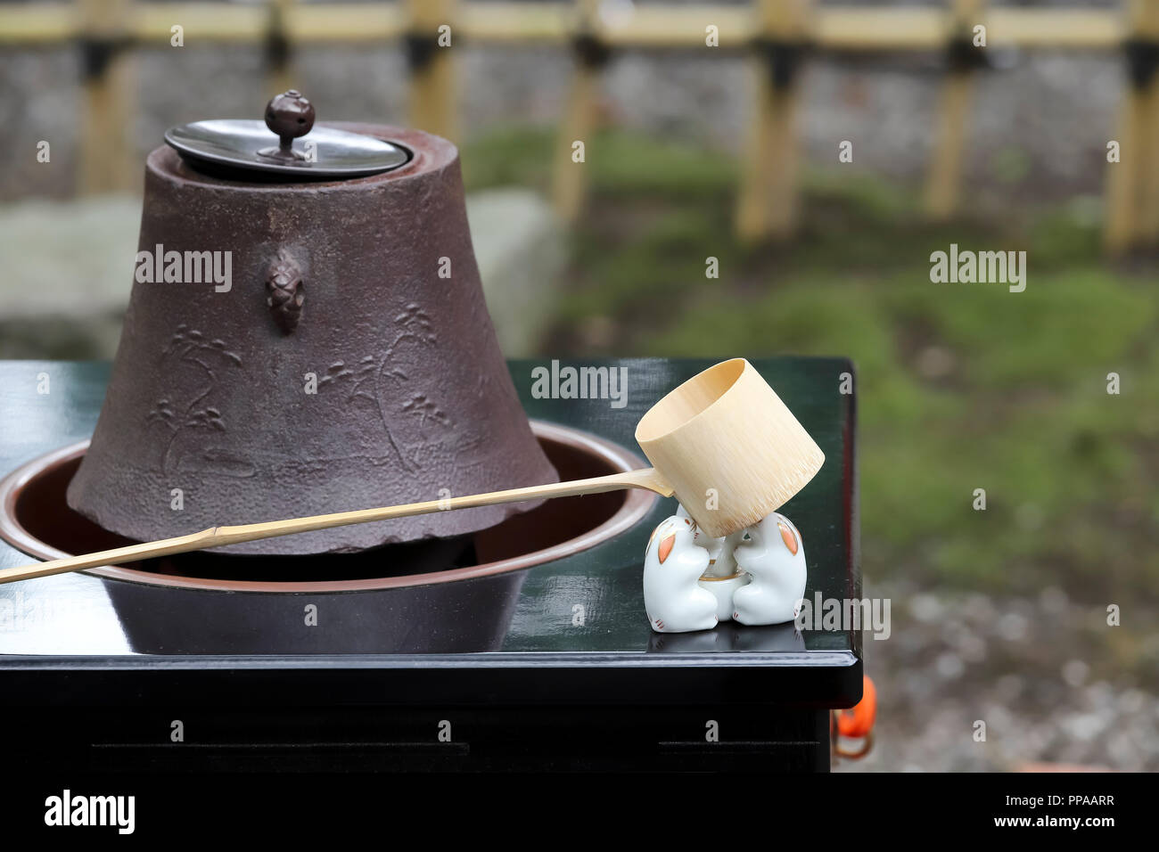 Tea set for traditional japanese green tea ceremony, iron pot, ladle