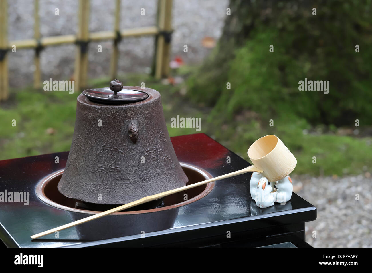 Tea set for traditional japanese green tea ceremony, iron pot, ladle