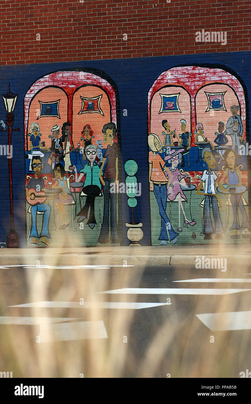Mural depicting a cafe scene in downtown Harrisonburg, Virginia Stock